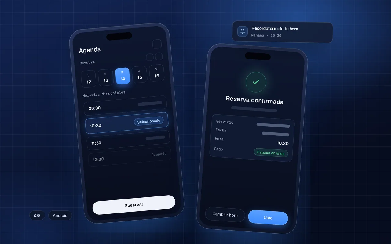 Ilustración de dos pantallas de una app móvil de reservas